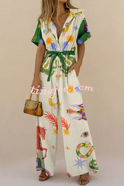 To New Hellos Linen Blend Unique Print Adjustable Waist Pocketed Wide Leg Shirt Jumpsuit