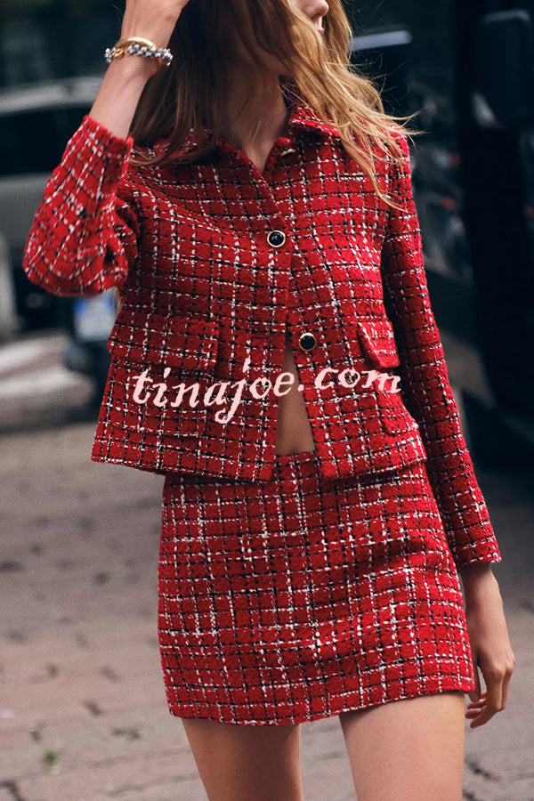 Tweed Plaid Textured Long-sleeved Casual Pocket Jacket