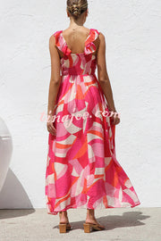 Unique Printed V-neck Ruffled Straps Pleated Back Maxi Dress