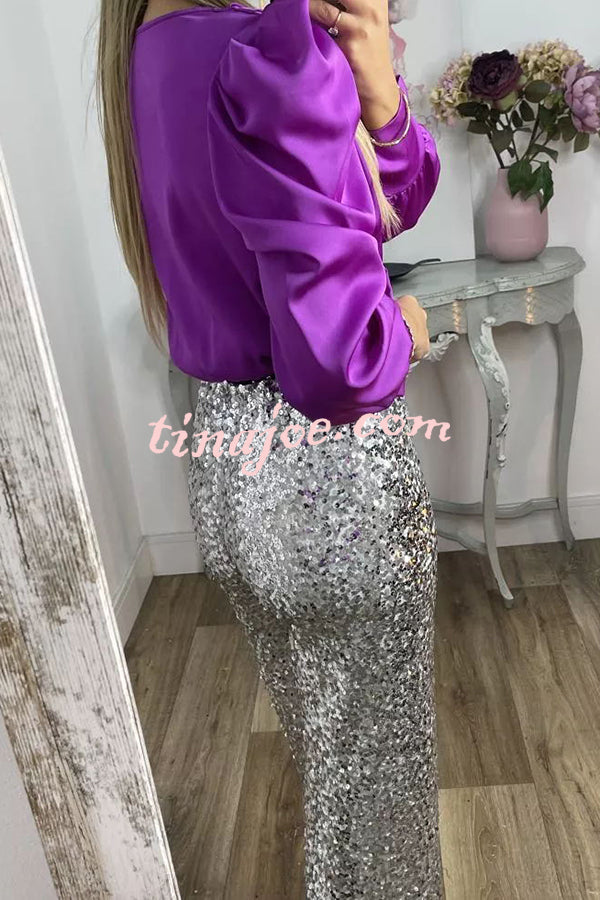 Glitzy Glamour Sequin High Rise Elastic Waist Wide Leg Pants