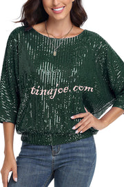 Solid Color Sequined Loose Round Neck Casual Top