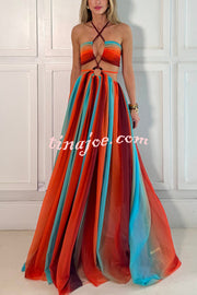 Variety of Styles Tulle Printed Ring Hollow Design Slit Vacation Maxi Dress