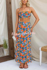Linen Blend Summer Fruit Print Camisole Top and Elegant Lace Back Slit Maxi Skirt Set