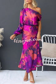 Winona Satin Floral Print One Shoulder Balloon Sleeve Tie-up Maxi Dress