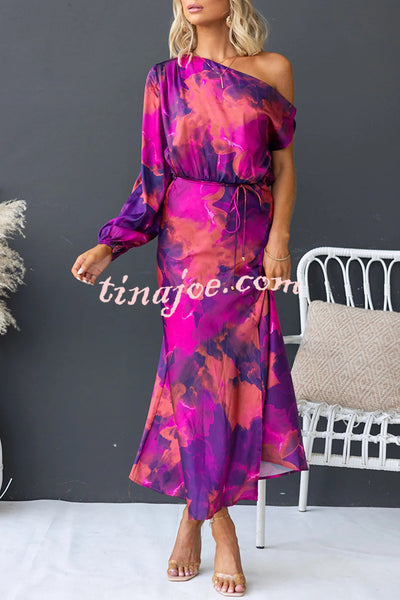 Winona Satin Floral Print One Shoulder Balloon Sleeve Tie-up Maxi Dress