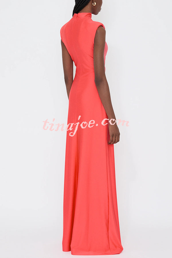 Genis Hollow Elastic Bust High Neck Sleeveless Gathered Maxi Dress