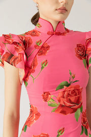 Cheongsam Style Rose Floral Print Tiered Flare Sleeve Stretch Maxi Dress