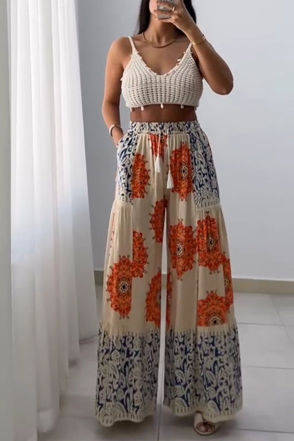 Unique Print Elastic High Waist Tie Pocket Holiday Style Wide Leg Pants