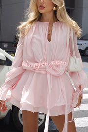 Solid Color Long Sleeve V-Neck Lace-Up Elegant Flower Decorated Mini Dress
