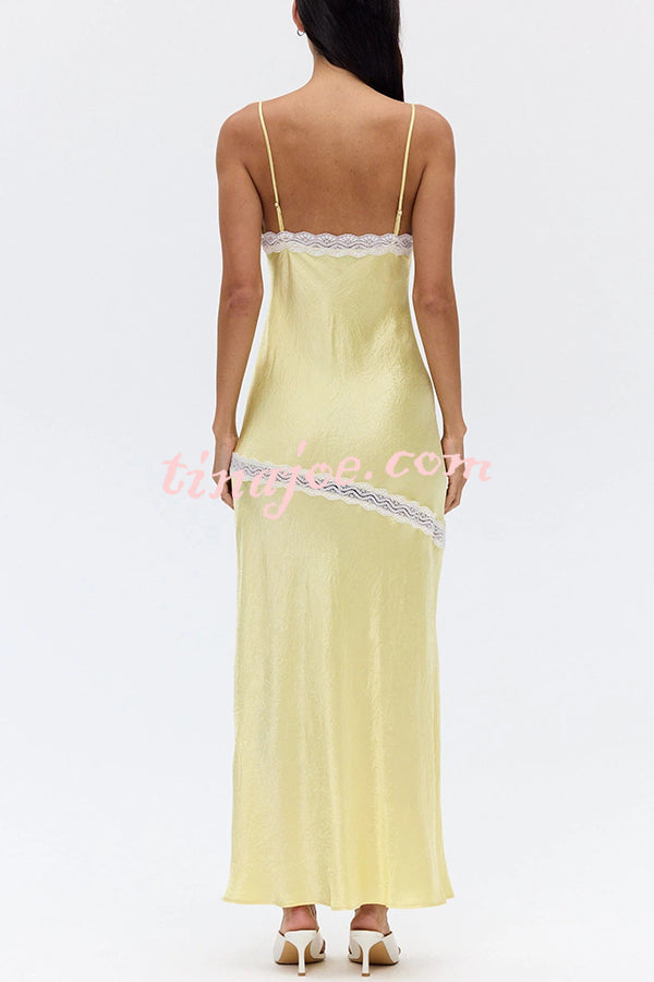 Sweet Trend Satin Lace Trim V-neck Slit Slip Maxi Dress