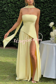 Elegant Off Shopulder Chiffon Pleated Hem Scarf Slit Maxi Dress