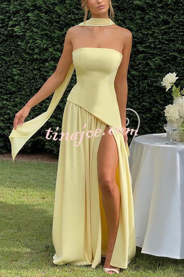 Elegant Off Shopulder Chiffon Pleated Hem Scarf Slit Maxi Dress