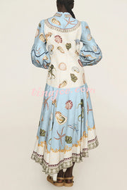 Ocean Print Lapel Button Waist Tie Resort Maxi Dress