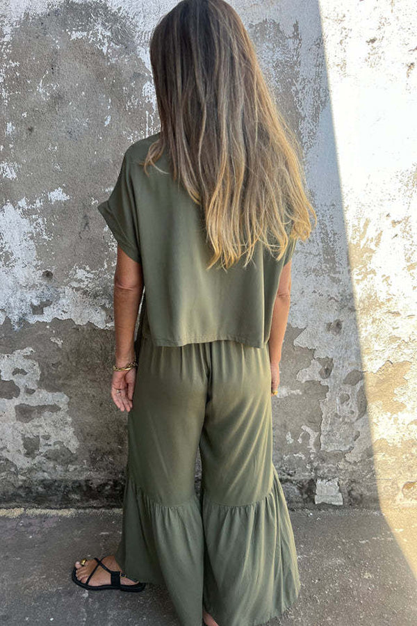 Solid Color Crew Neck Short-sleeved Casual Top and Elastic Waist Tie Pocket Wide Leg Pants Set