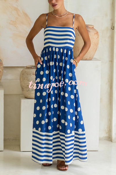 Striped Polka-dot Print Sling Pleated Open-back Maxi Dress