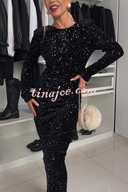 My Space Velvet Sequin Long Sleeve Open Back Bow Detail Stretch Maxi Dress