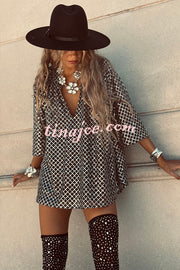 All about Glam Collar Sequin V-neck Half Sleeve Loose Top