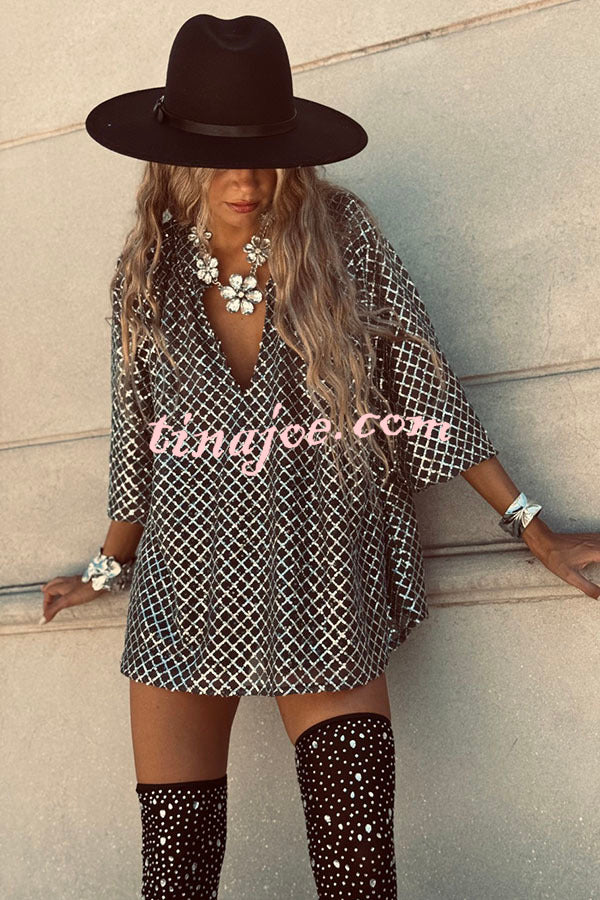 All about Glam Collar Sequin V-neck Half Sleeve Loose Top