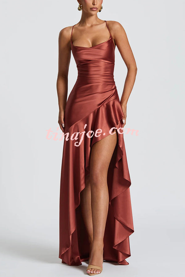 Solid Color Sexy Backless Lace-up Irregular Ruffled Maxi Dress