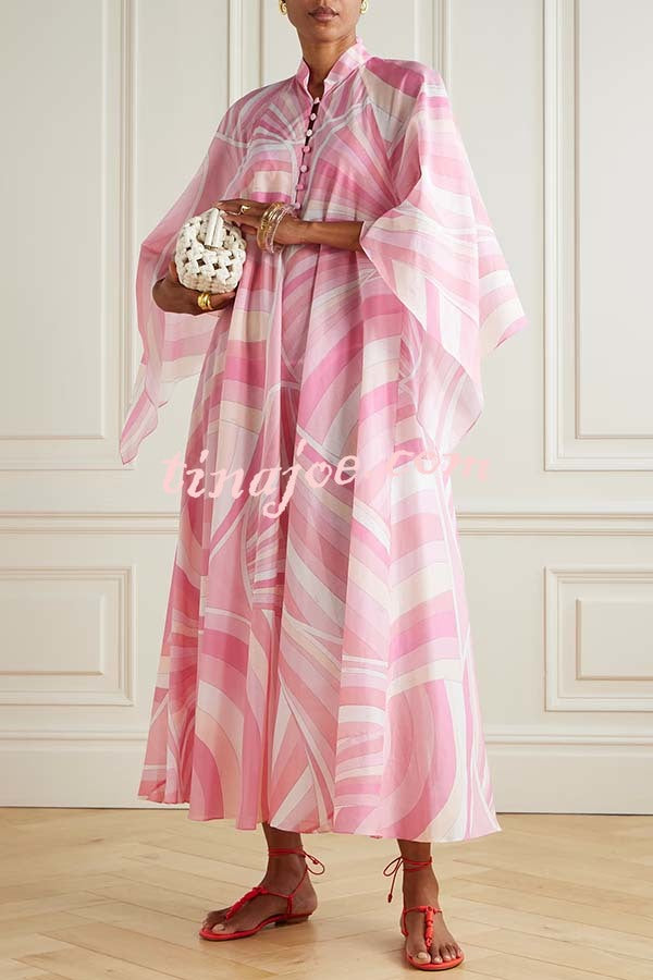 Jodie Chiffon Unique Print Stand Neck Buttons Butterfly Sleeves Kaftan Maxi Dress