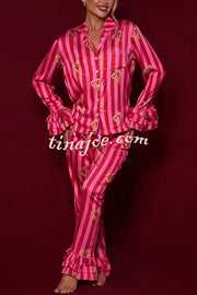 Festive Season Long Candy Stripe Tiered Bell Cuffs Elastic Waist Pocketed Pajama Set