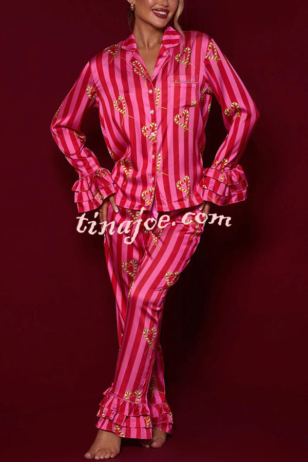 Festive Season Long Candy Stripe Tiered Bell Cuffs Elastic Waist Pocketed Pajama Set