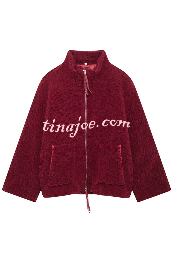 Solid Color Stitching High Collar Long Sleeve Loose Pocket Woolen Coat