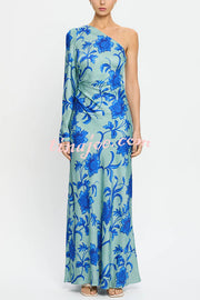 Satin Botanical Print One-Sleeve Resort Maxi Dress