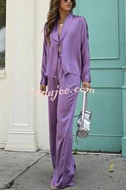 Beyond Time Satin Lapel Lace-up Blouse and Back Elastic Pocketed Loose Pants Set