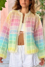 Palette Day Knit Color Blocks Open Front Balloon Sleeve Loose Cardigan