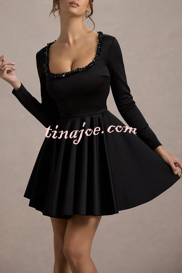 Playful Elegance Pearl Embellished Trim Long Sleeve Pleated Mini Dress