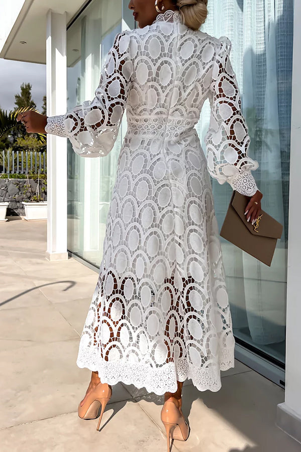 Romantic, Sensual and Elegant Crochet Lace Lantern Sleeve Party Midi Dress