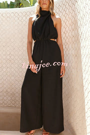 Solid Color Resort Style Halter Neck Waist Pocket Wide Leg Jumpsuit