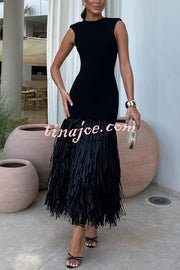 Christie Ribbed Patchwork Tiered Fringed Hem Zipper Backless Maxi Dress