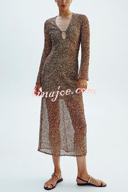 Fashion Sequined Hollow V-neck Long-sleeved Holiday Midi Dress
