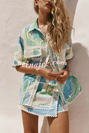 Pierre Linen Blend Ric Rac Trims Unique Print Short Sleeve Shirt and Wrap Tie-up Mini Skirt Set