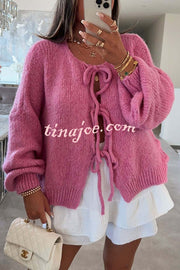 Solid Color Long-sleeved V-neck Lace-up Loose Knitted Sweater