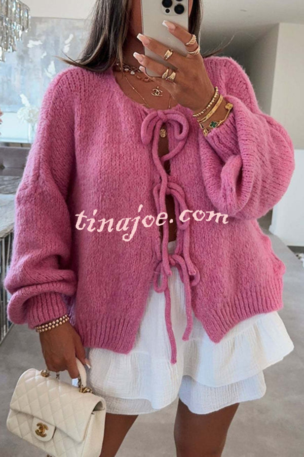 Solid Color Long-sleeved V-neck Lace-up Loose Knitted Sweater