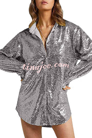 Solid Color Sequined Long-sleeved Casual Mid-length Loose Shirt