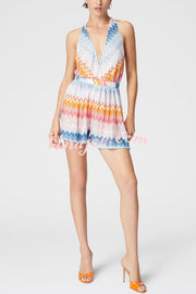 Eleanor Knit Colorful Zigzag Pattern Halter V-neck Tie-up Loose Romper