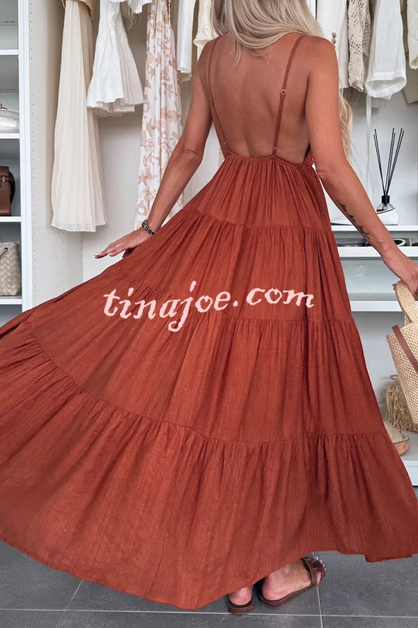 Bohemian Style V-neck Backless Slip Layered Vacation Maxi Dress