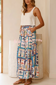 Unique Print Lapel Short Sleeve Loose Shirt and Elastic Waist Casual Pocket Wide Leg Pants Set