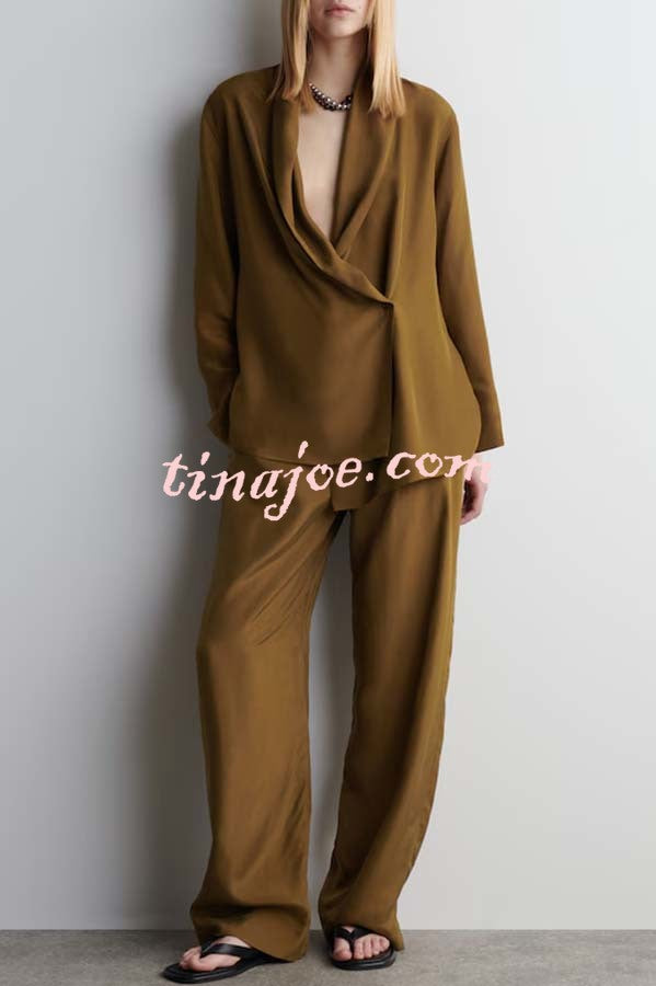 Bella Satin Drape Collar Single Button Casual Blazer and Elastic Waist Pocket Loose Pants Set
