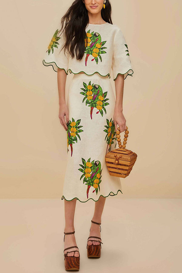 Parrot Print Round Neck Loose Crop Top and Elastic Waist Pocket Casual Midi Skirt Set