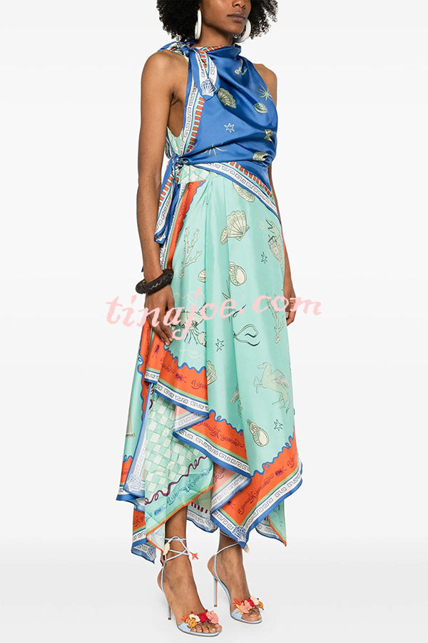 Surrealist Summer Satin Unique Print Tie-up Details Layered Hem Scarf Maxi Dress