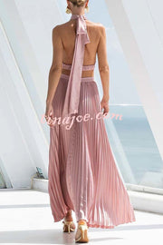 Stunning Choice Satin Pleated Halter High Neck Cutout Waist Backless Maxi Dress