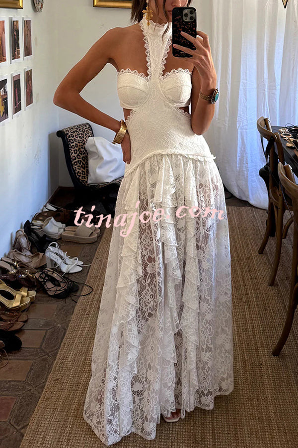 A Girls' Trip Lace High Neck Cutout Drop Waist Ruffles Maxi Dress