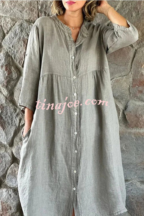 Mindful Cotton Blend Solid Color Button Casual Midi Dress