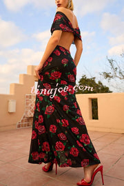 Rose Print Sexy Strapless Backless Slim Maxi Dress