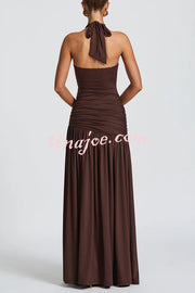 Solid Color Halter Neck Backless Slim Fit Pleated Slit Maxi Dress